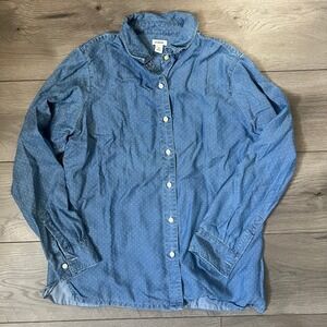 LL Bean Womens Medium Regular Blue Tencel Button Down Long Sleeve Polka Dots